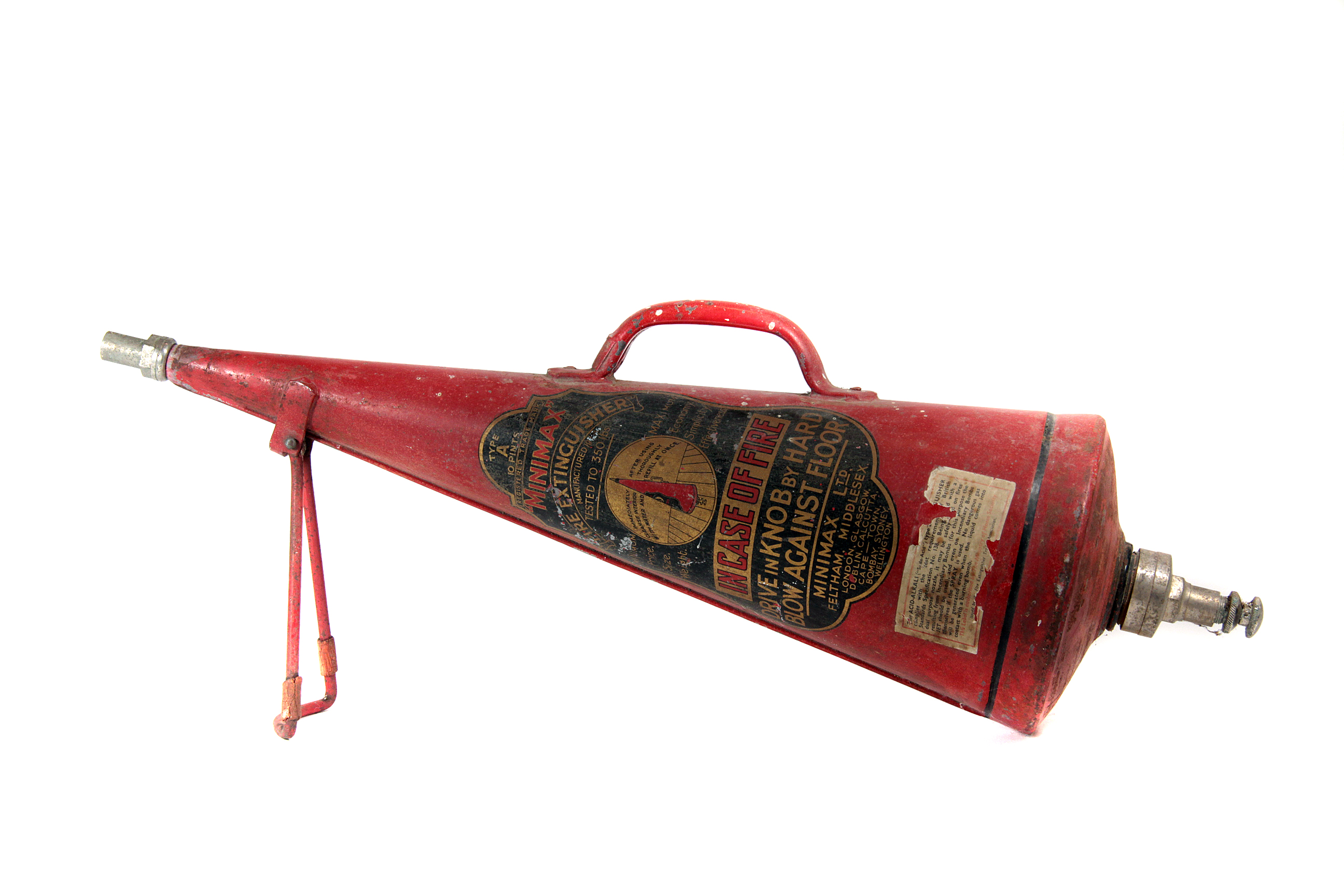 A pre-war garage fire-extinguisher by “Minimax Ltd” c1930s: large conical form with maker’s