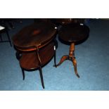 An Edwardian two tier mahogany side table, together with a snap top beech table (2)