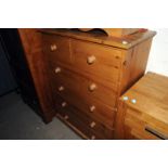 A narrow pine chest, of two over three drawers, together with a narrow pine open bookcase (2)