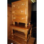 A pine chest of three drawers, and a two tier pine coffee table (2)