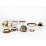 Miniature Royal Crown Derby: two cups and saucers and a basket; Crown Staffordshire - comport,