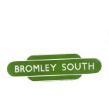 A BR (SR) Bromley South Station Totem, in green with white letters and lining, VG, chips to outer