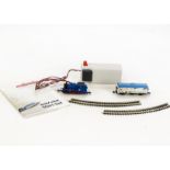 Z Gauge Continental ‘layout in a suitcase’ set by Märklin Mini-Club: comprising a blue 0-6-0 tank