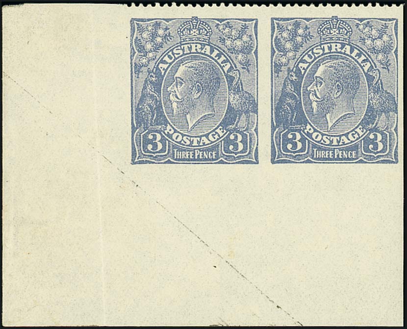 Australia1924 Single watermark, 3d. dull ultramarine lower left corner horizontal pair, variety