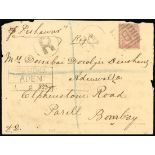 (x) Aden1886 (15 June) envelope registered to Bombay, bearing 8a. cancelled by "B" in bars, Aden d.