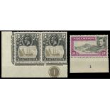 Ascension1924-33 ½d. lower left corner plate number pair, left-hand stamp variety cleft rock, 1938-