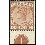 Bahamas1884 £1 Venetian red, marginal with large part plate number, good strong colour and fresh