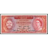 Government of Belize, $5, 1 June 1975, serial number C/1 073854, red and violet, portrait Queen