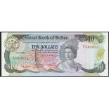 Central Bank of Belize, $10, 1 July 1982, serial number P/4 739501, dark grey on multicolour