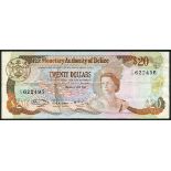 The Monetary Authority of Belize, $20, 1 June 1980, serial number T/2 622495, brown on multicolour