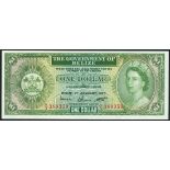Government of Belize, $1, 1 January 1976, serial number A/3 389359, green on multicolour underprint,