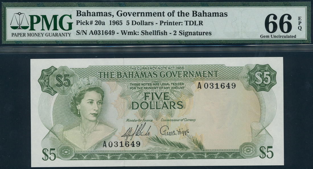 Bahamas Government, $5, ND (1965), serial number A031649, green on multicolour underprint, Elizabeth