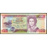 Central Bank of Belize, $50, 1 May 1990, serial number AA101421, maroon and multicolour, portrait