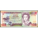 Central Bank of Belize, $50, 1 June 1991, serial number AB394598, burgundy and multicolour, portrait