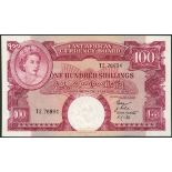 (x) East African Currency Board, 100 shillings, ND (1958-60), serial number T2 76894, red on