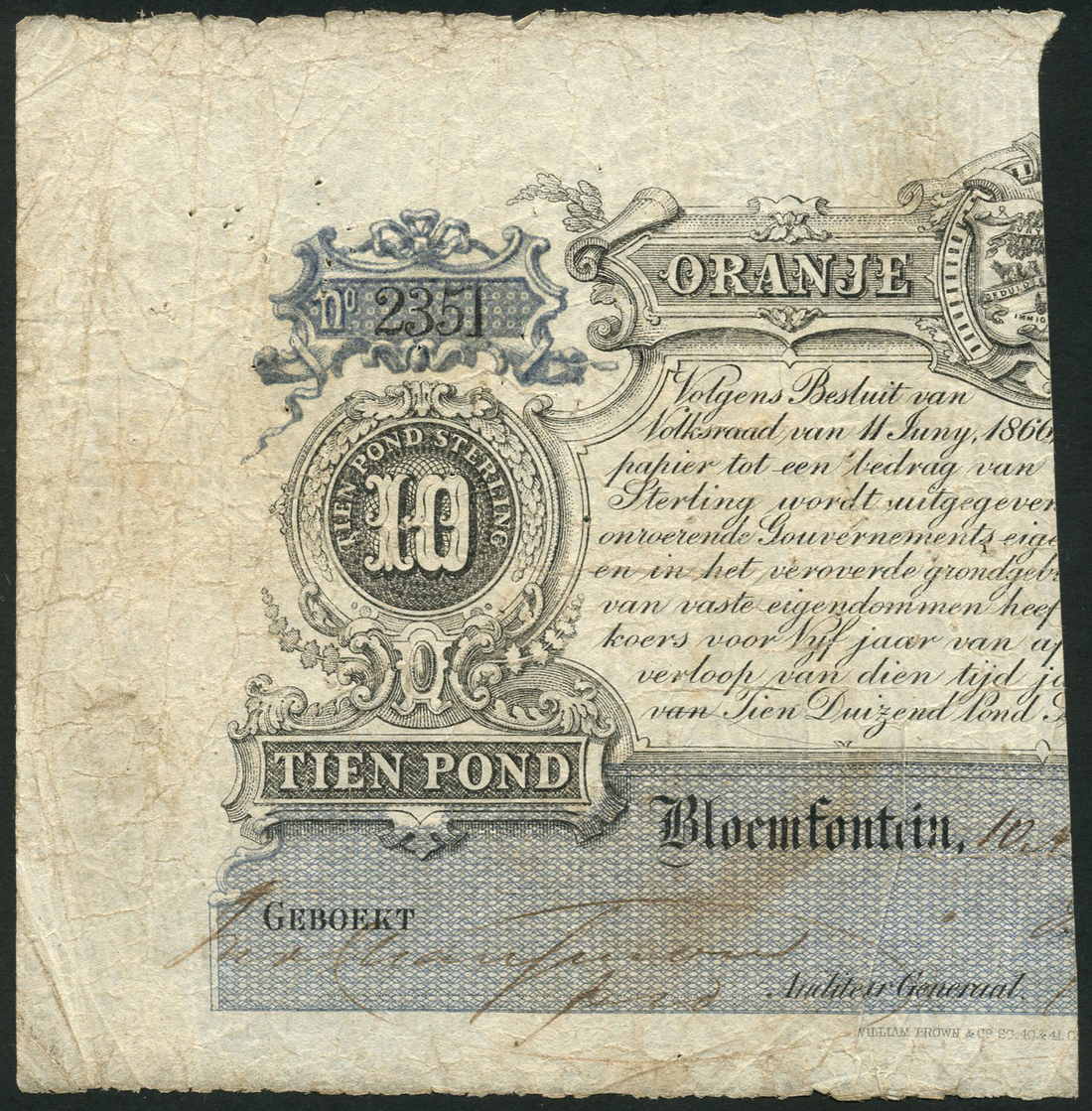 Orange Free State Government, £10, Bloemfontein, ND (1866 Issue), serial number 2351, black on