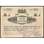Diyatalawa, Prisoner of War money for the Boer War, Ceylon, 5 rupees, 19 May 1901, serial number