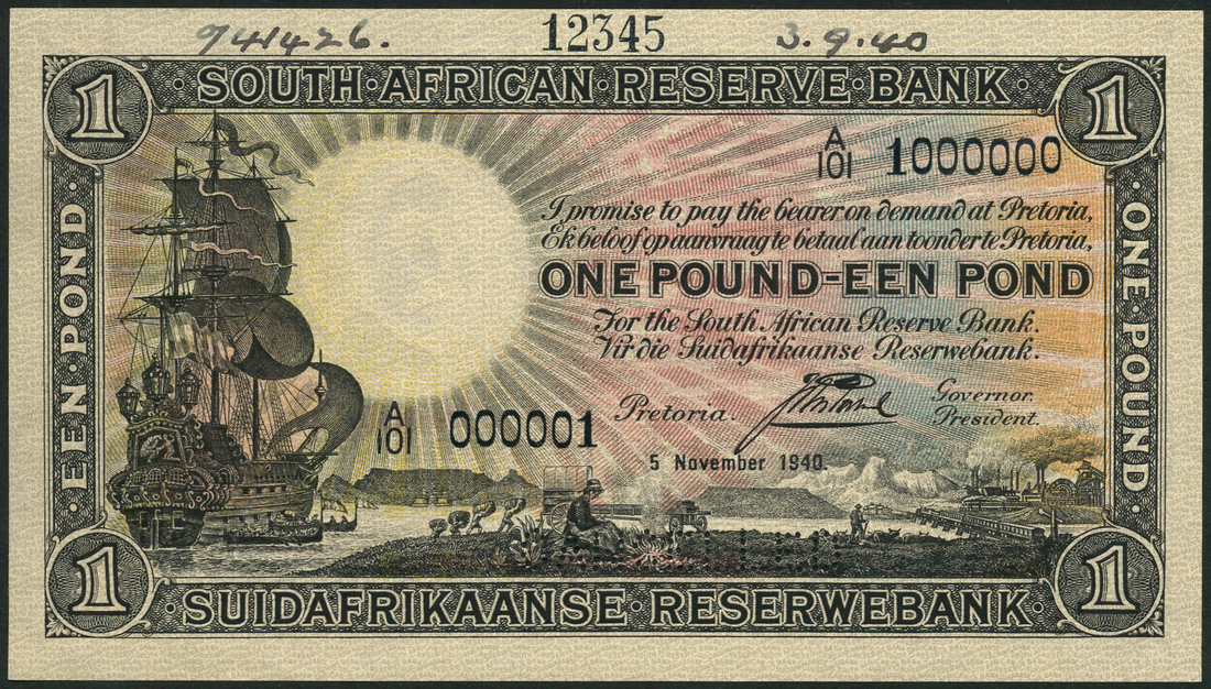 South African Reserve Bank, printer's archival specimen £1, 5 November 1940, serial number run A/101