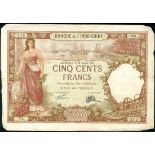 Banque de l'Indo-Chine, Djibouti, 500 francs (7), 20 July 1927, prefixes P1, P2, R2,T1, T2, pink and