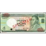 (†) Banque Nationale du Congo, specimen 5 Zaires = 500 Makuta, green date 2 January 1967, serial