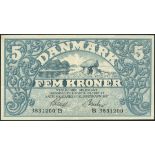 Danish National Bank, 5 kroner, 1917, serial number B3831200, blue, landscape with stone-age