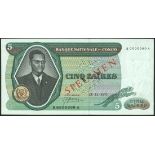 Banque Nationale du Congo, specimen 5 zaires, 24 November 1971, zero serial number, green on