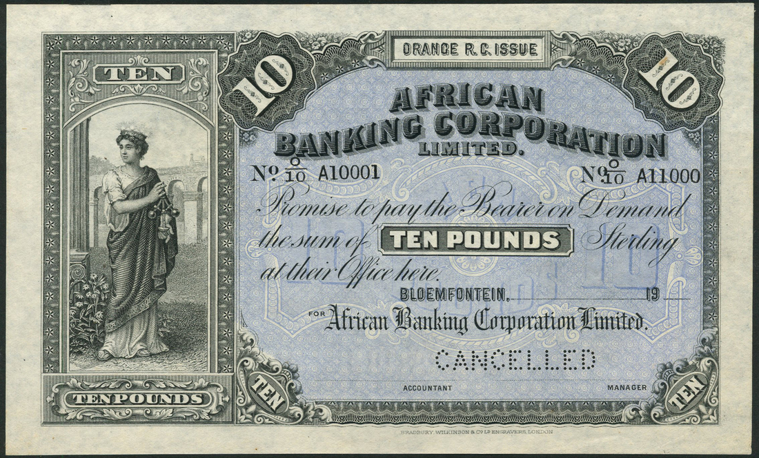 African Banking Corporation Limited, printers archival specimen £10, Bloemfontein, ND (19--), serial