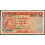 (x) Central Bank of Ceylon, 5 rupees, 16 October 1954, serial number G/17 675020, red and