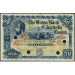 Union Bank of Australia Limited, colour trial £50, 1 March 1905, blue and yellow-green, Britannia