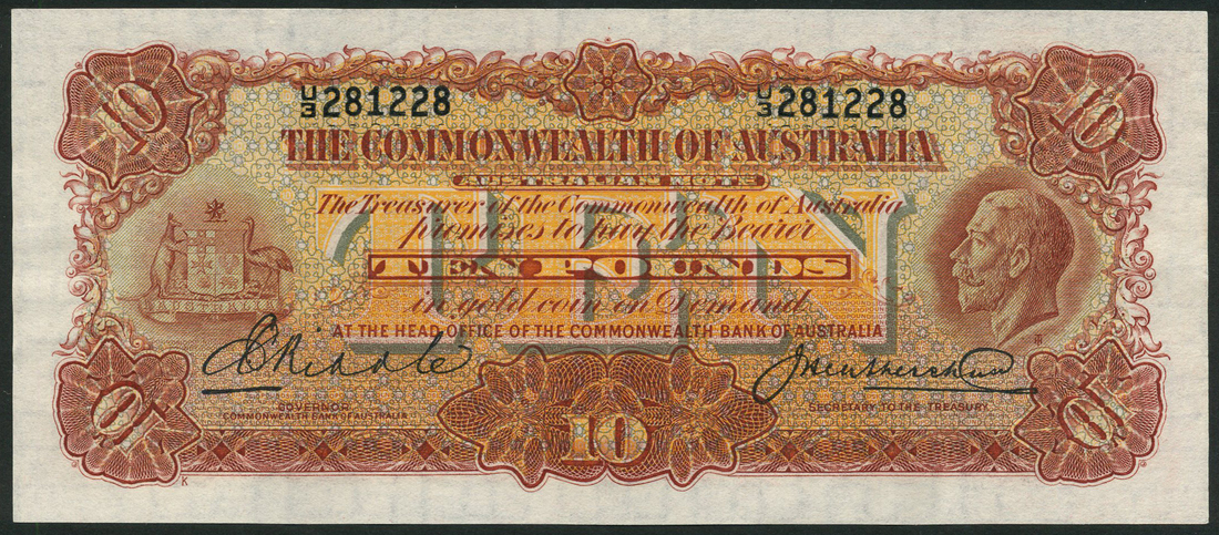 (x) Commonwealth of Australia, £10, ND (1927), serial number U/3 281228, red-brown and pale blue,