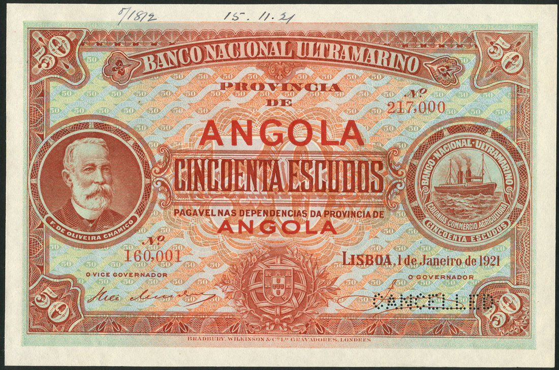 (†) Banco Nacional Ultramarino, Angola, printer's archival specimen 50 Escudos, 1 January 1921,