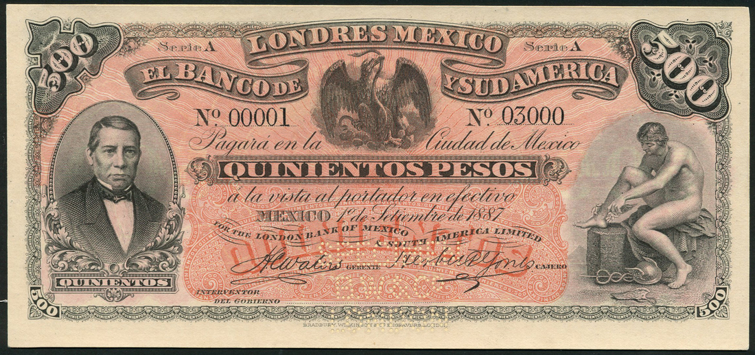 (†) Banco de Londres Mexico y Sud America, Mexico, an obverse proof on card for a 500 pesos, 1