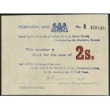 Mafeking Siege Note, 2 shillings, February 1900, serial number B 10049, blue text on flimsy white
