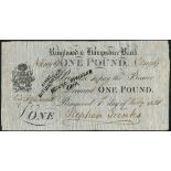 Ringwood & Hampshire Bank, Stephen Tunks, £1, 1 February 1821, serial number R1196, black and white,