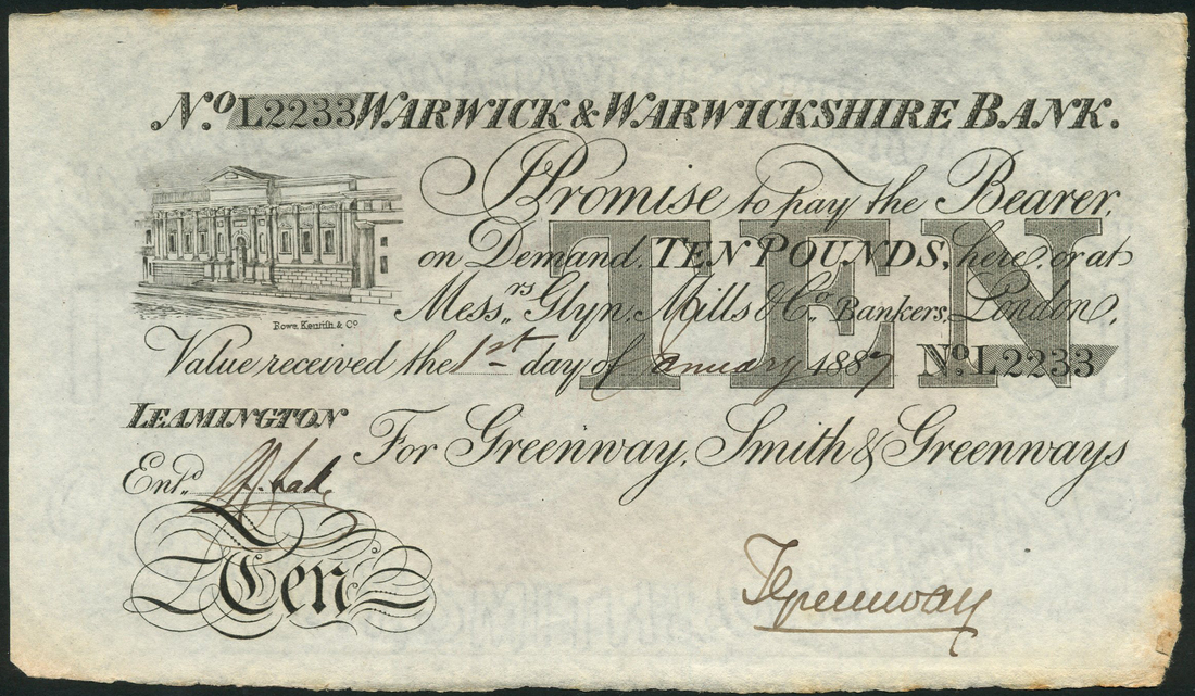(x) Warwick & Warwickshire Bank (Greenway, Smith & Greenways), £10, 1887, serial number L2233,