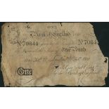 Bank of England, H Hase, £1, 1810, serial number 7084, black and white, seated Britannia top left,