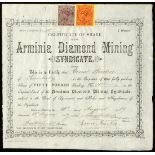 Arminia Diamond Mining Syndicate, £50 share, Kimberley 18[89], no.10, black, adhesive Cape revenue