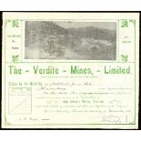 Verdite Mines Limited, pair of one shilling share certificates, Johannesburg 191[8], no.8999, larger