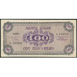 Belgium Army issue, 100 frank, 1 August 1946, serial number A 244832, violet and pale tan, value