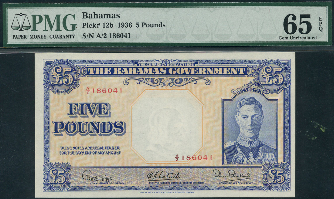 (x) Bahamas Government, £5, 1947, serial number A/2 186041, blue on orange-yellow underprint, George