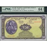 Central Bank of Ireland, £50, 4 April 1977, serial number 04A006288, mauve on yellow underprint,