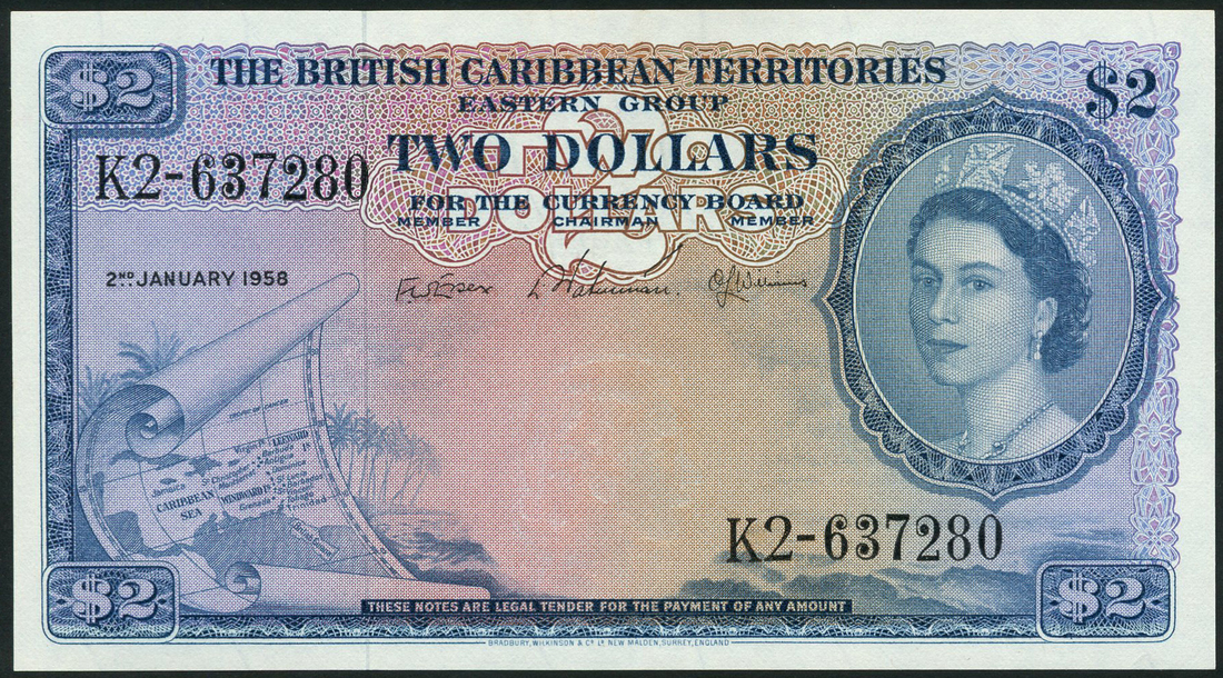 (x) British Caribbean Territories, $2, 2 January 1958, serial number K2-637280, blue on