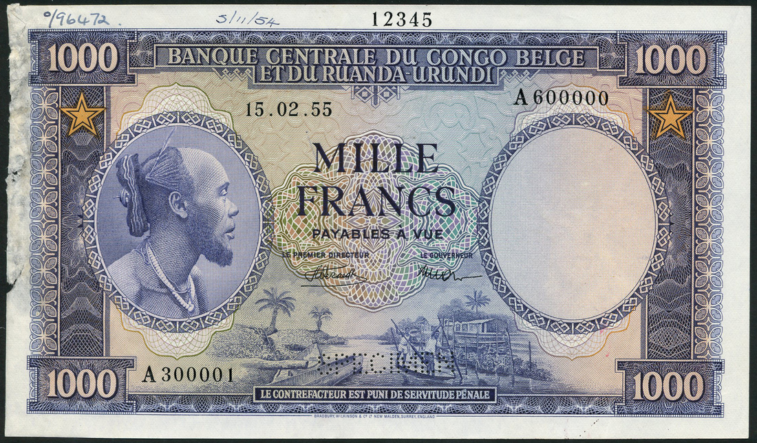 (†) Banque Centrale du Congo Belge et du Ruanda-Urundi, printer's archival specimen 1000 Francs,