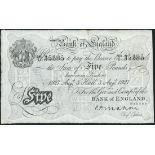 Bank of England, C P Mahon, £5, Hull, 3 August 1927, serial number 350U 35385, black and white,