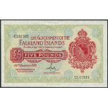 Government of the Falkland Islands, £5, 30 January 1975, serial number C101585, red on light blue