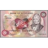 Bank of Scotland, specimen £20 (2), 16 July 1979 and 15 December 1987, prefixes A and H, purple on