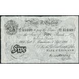 Bank of England, E M Harvey, £5, Manchester, 7 September 9121, serial number 125/U 41189, black