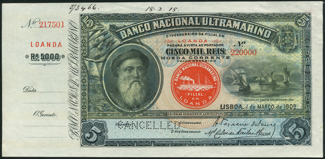 (†) Banco Nacional Ultramarino, Angola, printer's archival specimen 5 Mil Reis with counterfoil, 1