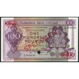 (†) Clydesdale Bank Limited, specimen £100, 1 February 1968, serial number C/B 000000, purple on