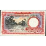 West African Currency Board, 20 shillings, 1 March 1954, serial number D/N 201460, black and red and